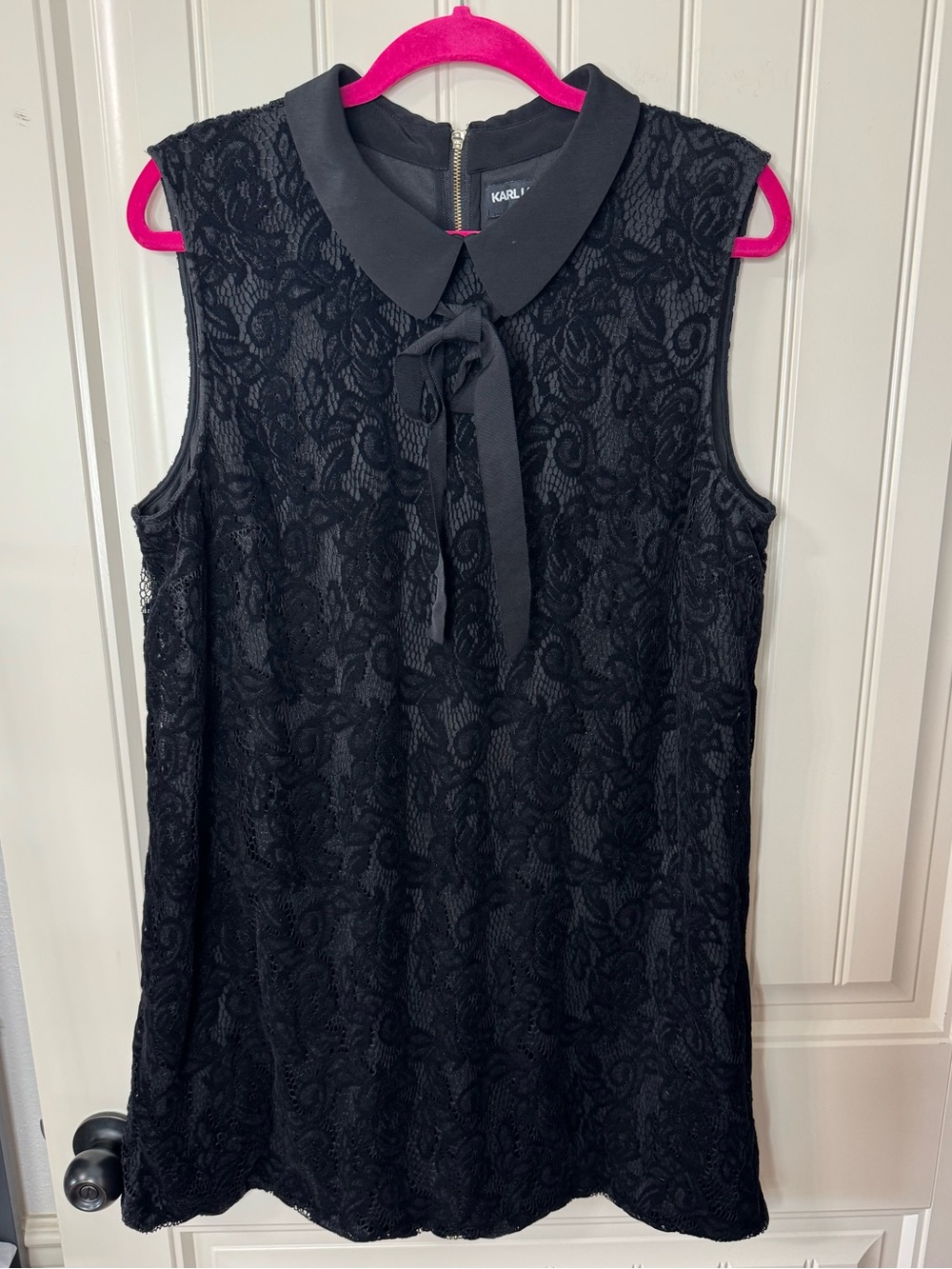 KARL LAGERFELD 🖤 Black Lace Tie-Neck Mini Dress (Women’s Size X-Large) - Picture 3 of 10